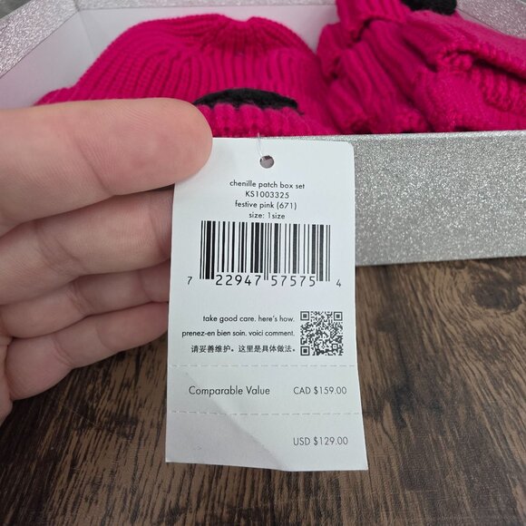 Kate Spade NY Chenille Patch Knit Box Set Beanie Hat Mittens Pink Black Gift New - Picture 5 of 11